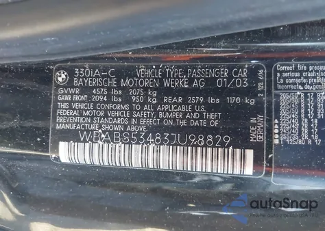 2003 BMW 330Ci z USA, uszkodzony, nr VIN WBABS53483JU98829